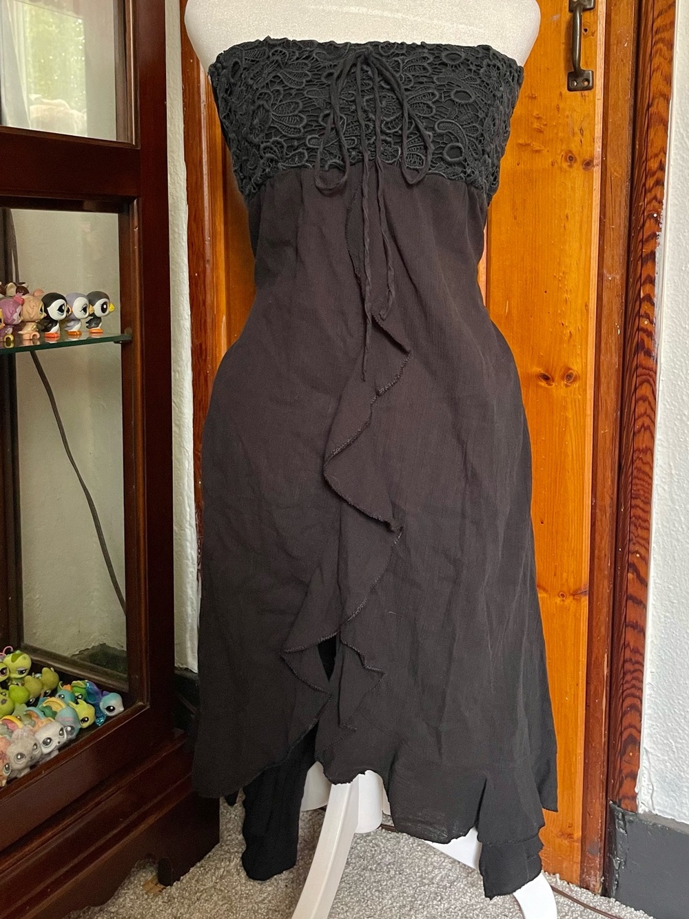 Black Lace Crochet Detailed Ruffled Strapless Halter Dress Size S
